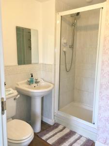 a bathroom with a sink and a toilet and a shower at Wilce House in Wellingborough