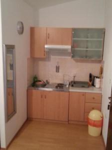 a small kitchen with wooden cabinets and a sink at Studio Apartments Ivica in Primošten