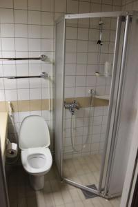 a bathroom with a toilet and a shower at Aapiskukko Hotel in Pälkäne