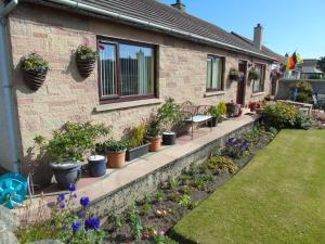 a garden with potted plants on the side of a house at Jomarnic B&B in Lossiemouth