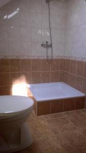 La salle de bains est pourvue d'une baignoire et de toilettes. dans l'établissement Eva vendégház, à Balatonlelle