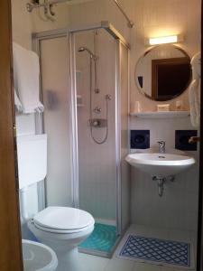 La salle de bains est pourvue d'une douche, de toilettes et d'un lavabo. dans l'établissement Garni Val Udai, à Mazzin