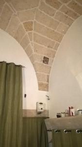 AradeoにあるLa Piazzaの緑のカーテンとレンガの天井が特徴のバスルーム