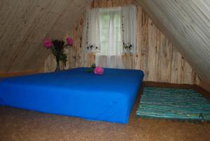 a blue bed in a room with a window at Hallikivi Tourist Farm in Vennarti