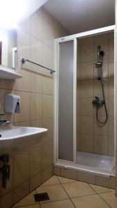 a bathroom with a shower and a sink at Hotel & Hostel Marenberg Radlje in Radlje ob Dravi