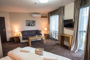 um quarto de hotel com um sofá e uma televisão em Rocca Resort em Glavatartsi