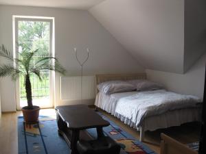 a bedroom with a bed and a potted plant at Domki pokoje pod Wierzba in Sarbinowo