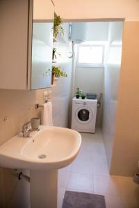 Un baño con lavabo y lavadora. en Casa Anna, en Quartu SantʼElena