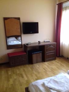 a bedroom with a desk and a mirror and a television at Pensiunea Damiris in Baile Felix