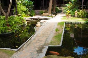 a garden with a koi pond in a yard at Tommy Resort in Haad Rin
