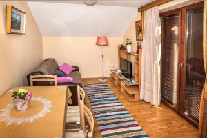 ein Wohnzimmer mit einem Sofa und einem Tisch in der Unterkunft Apartment Vrilo in Otočac