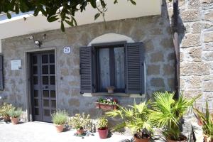 uma casa com uma janela com persianas pretas e vasos de plantas em Alloggio Turistico La Balocca em Montefiascone