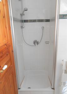 a shower with a glass door in a bathroom at Ferienwohnung-Moltrecht-2 in Laboe