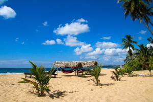 una playa de arena con una tienda y una hamaca. en Shiva's Beach Cabanas, en Tangalle