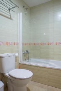 a bathroom with a toilet and a bath tub at Sanxenxorural - Apartamentos La Rana in Sanxenxo