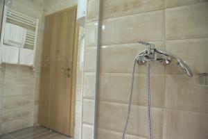 a shower with a shower head in a bathroom at Hotel Korab Trnica in Trnica