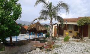 a house with a palm tree next to a pool at Complejo Sierras in Villa Parque Siquiman