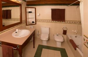 ein Badezimmer mit einem Waschbecken, einem WC und einem Spiegel in der Unterkunft Hotel Rural Son Tretze - Adults Only in Sant Lluís