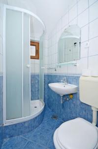 La salle de bains est pourvue de toilettes, d'un lavabo et d'une douche. dans l'établissement Apartments Hrgovic, à Rogoznica