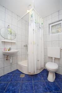 a bathroom with a toilet and a shower curtain at House Slavka in Gdinj