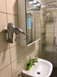 uma casa de banho com um lavatório, um chuveiro e um espelho. em Apartment DOT Deluxe em Supetar