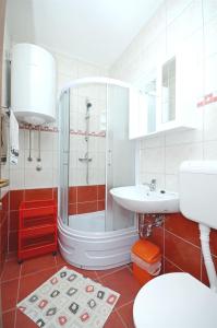 ein Bad mit einer Dusche und einem Waschbecken in der Unterkunft Apartments Marija in Ivan Dolac