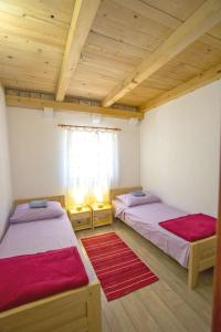 two beds in a room with wooden ceilings at Apartments Zeljko in Gdinj