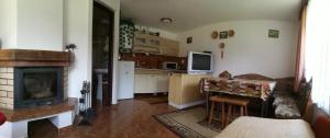 a living room with a fireplace and a kitchen at Privat Mima in Liptovský Trnovec