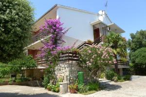 ein Haus mit lila Blumen davor in der Unterkunft Apartmani Ivo in Petrcane