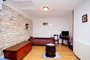 ein Wohnzimmer mit einem Sofa und einer Steinmauer in der Unterkunft Apartment Srblin in Sveti Petar u Šumi