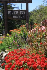 a flower garden with a sign in the background at Big Sur River Inn in Big Sur