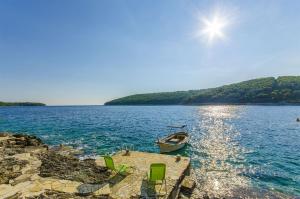 a boat sitting on the shore of a large body of water at Villa Rosada in Vela Luka