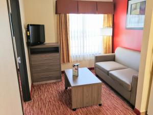 a living room with a couch and a tv at Hawthorn Suites Irving DFW South in Irving