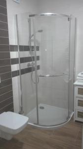 uma cabina de duche em vidro numa casa de banho com WC em Apartament Morskie Polanki em Kolobrzeg