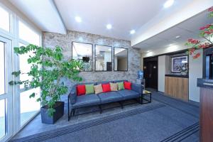 Birobidzhan的住宿－Bira mini，客厅配有蓝色沙发和植物