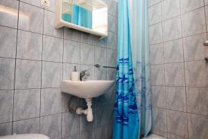 a bathroom with a sink and a blue shower curtain at Robinson Braco in Bogomolje +24 photos