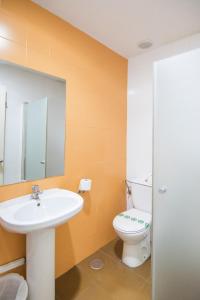 La salle de bains est pourvue d'un lavabo blanc et de toilettes. dans l'établissement Albergue Inturjoven Granada, à Grenade