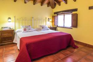 1 dormitorio con 1 cama grande con manta roja en Casa Gayón en Pola de Allande