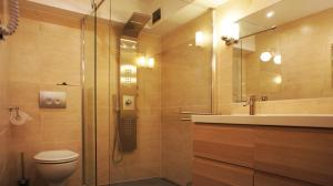 a bathroom with a shower and a toilet and a sink at Ferienhaus Dreilinge in Cochem +37 photos