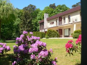 uma casa com flores roxas no quintal em Leśna Wisełka em Wisełka