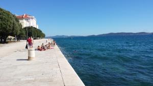 een groep mensen op een stoep naast het water bij Little Cosy Apartment in Zadar