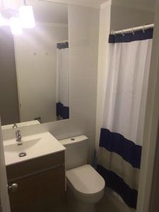a bathroom with a toilet and a sink and a shower curtain at Departamento Papudo Laguna, vista estero y mar in Papudo