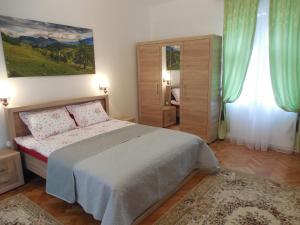 a bedroom with a bed and a painting on the wall at Apartament Anatol in Sibiu