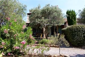 un jardin avec des arbres et des fleurs devant une maison dans l'établissement Hotel Les Oliviers, à Draguignan