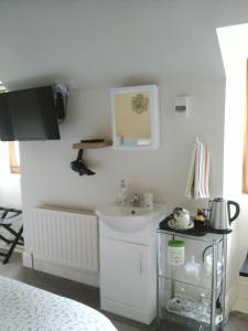 a small kitchen with a sink and a counter at The Glen Farmhouse in Glenfleak