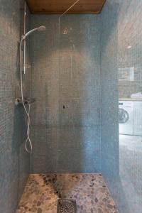 een badkamer met een douche en een glazen deur bij Olstind in Sakrisøy in Reine