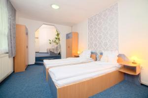 a hotel room with two beds in it at Pensiunea Leo in Braşov