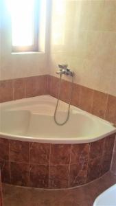 uma banheira com chuveiro na casa de banho em Хотелски комплекс Радецки град Козлодуй em Kozloduy