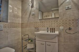 a bathroom with a sink and a mirror and a toilet at Apartment Pod velbi in Ljubljana +11 photos