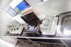 a kitchen with a stove and dishes on a counter at Dacha v Odesse in Odesa